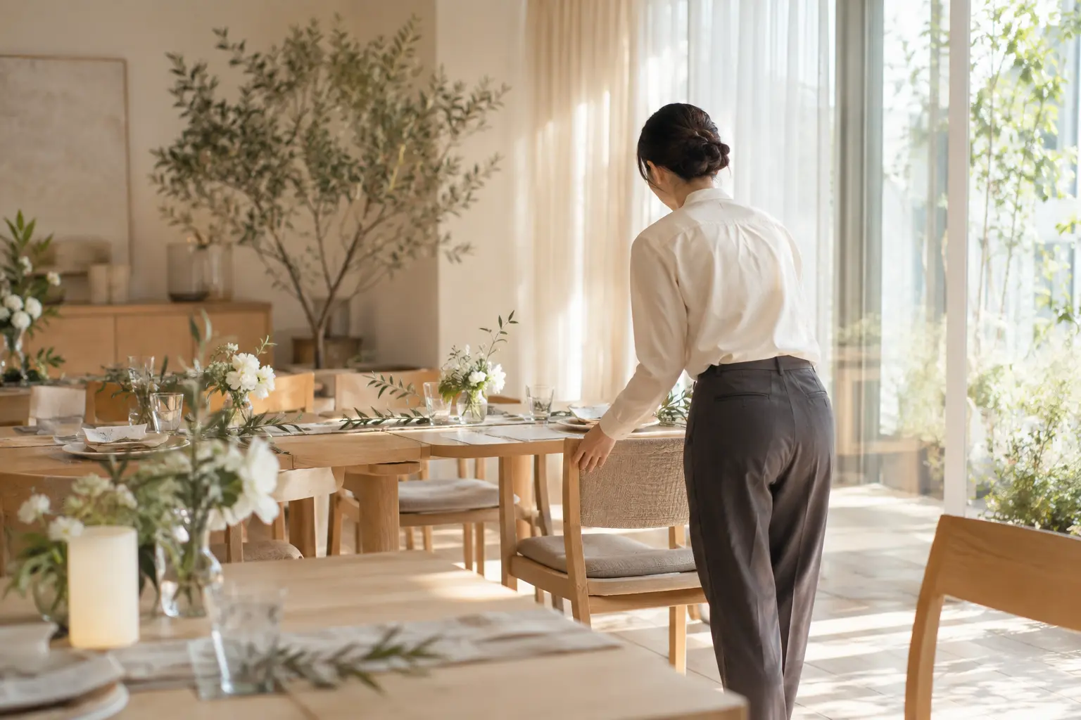 サンプル：会場を整えるスタッフの後ろ姿
